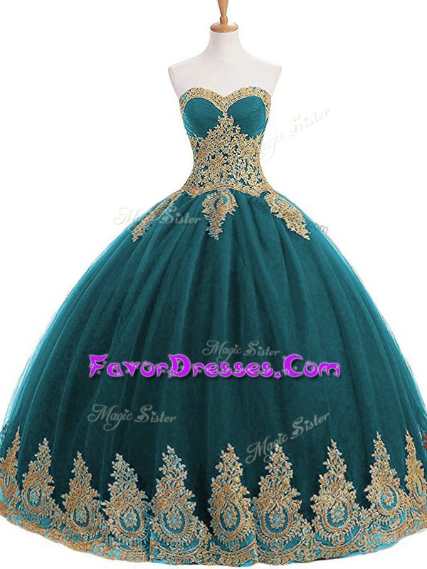 Flare Tulle Sweetheart Sleeveless Lace Up Appliques Vestidos de Quinceanera in Teal 