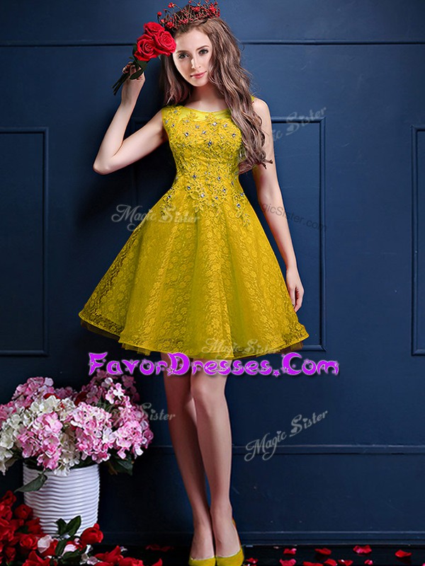 Flirting Knee Length Yellow Quinceanera Dama Dress Tulle Sleeveless Beading and Lace