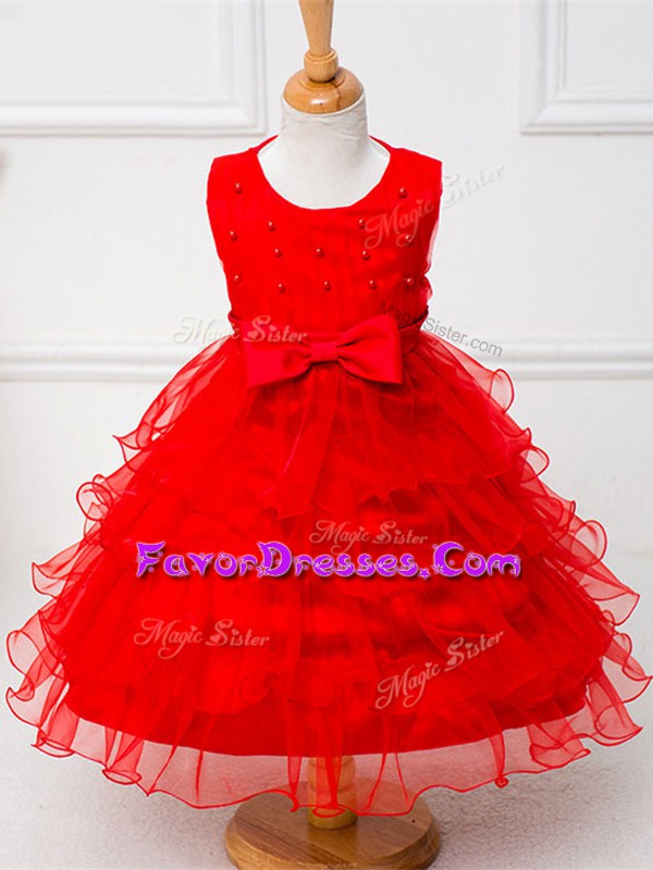  Ball Gowns Flower Girl Dresses for Less Red Scoop Organza Sleeveless Tea Length Zipper