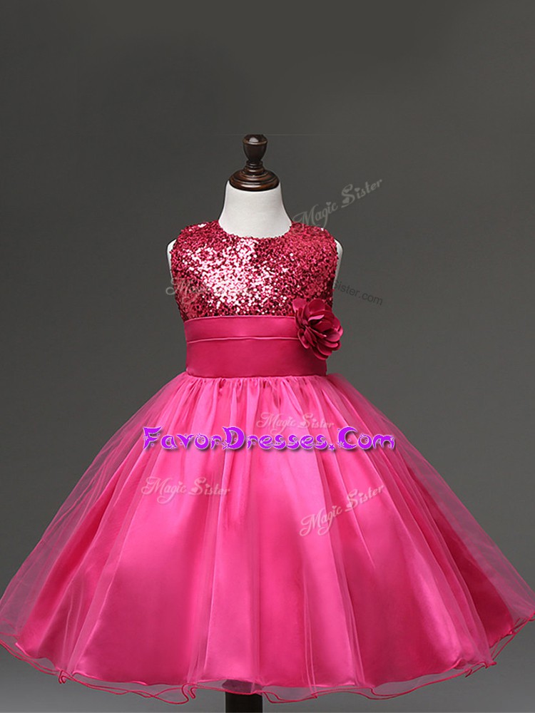  Sleeveless Tulle Knee Length Zipper Girls Pageant Dresses in Hot Pink with Sequins and Hand Made Flower