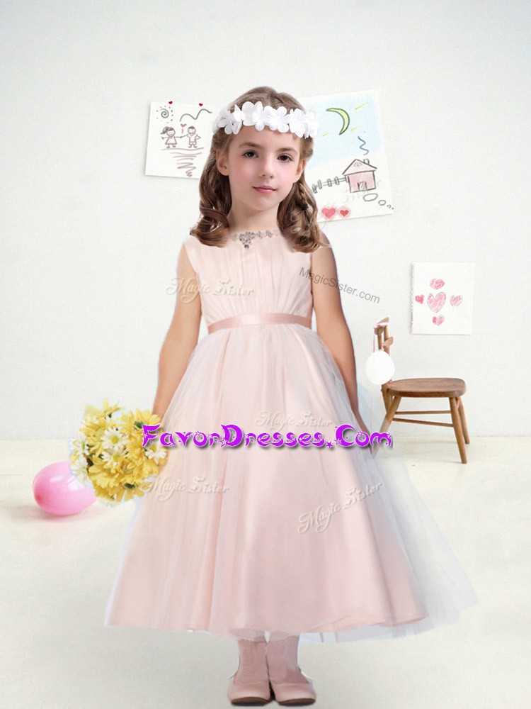  Sleeveless Tulle Ankle Length Zipper Flower Girl Dresses in Pink with Belt