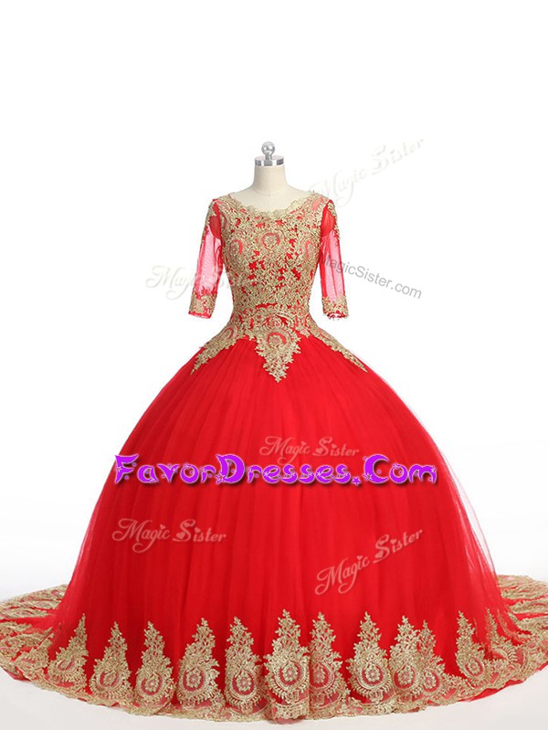 Decent Zipper Quinceanera Dress Red for Military Ball and Sweet 16 and Quinceanera with Lace and Appliques Brush Train