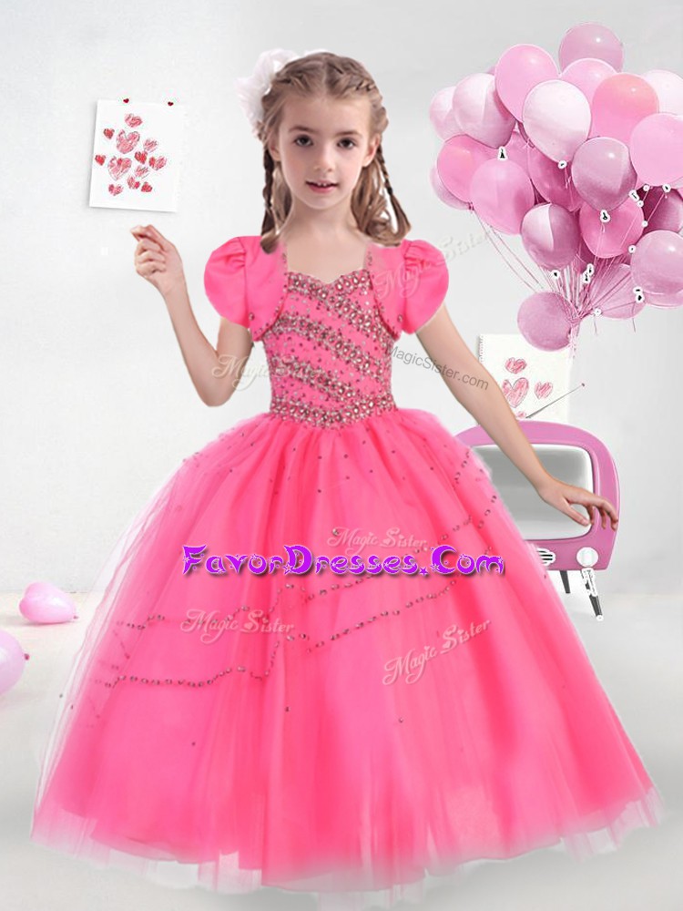 Beauteous Floor Length Lace Up Little Girls Pageant Dress Hot Pink for Wedding Party with Beading