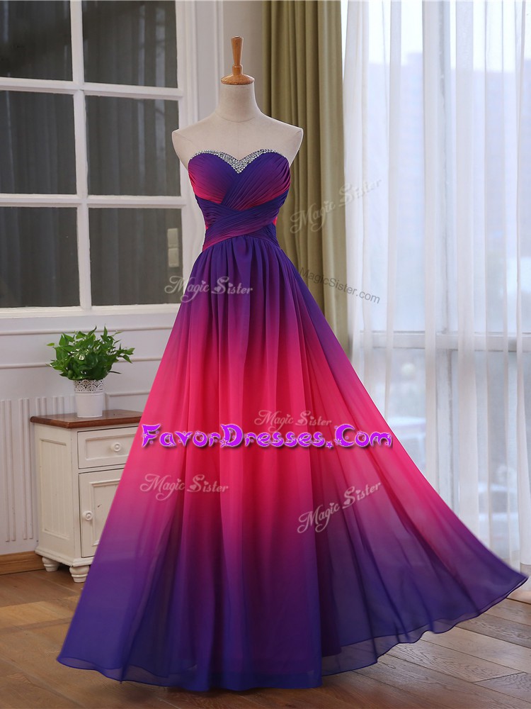 Exquisite Multi-color Empire Sweetheart Sleeveless Chiffon and Printed Floor Length Lace Up Beading and Ruching Prom Dresses