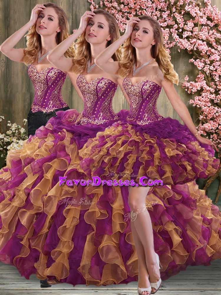  Organza Sleeveless Quince Ball Gowns Brush Train and Beading and Ruffles