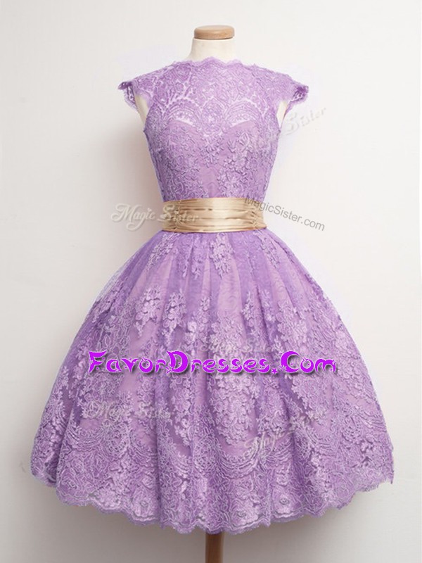 Spectacular High-neck Cap Sleeves Lace Up Dama Dress for Quinceanera Lavender Lace
