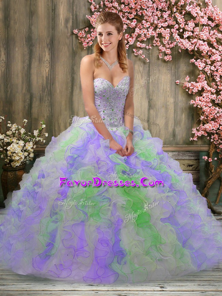  Multi-color Lace Up Quinceanera Dresses Beading and Ruffles Sleeveless Floor Length