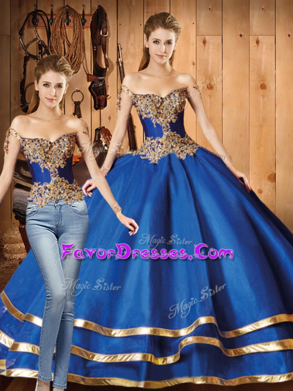  Royal Blue Two Pieces Off The Shoulder Long Sleeves Organza Sweep Train Lace Up Beading and Ruffled Layers Vestidos de Quinceanera