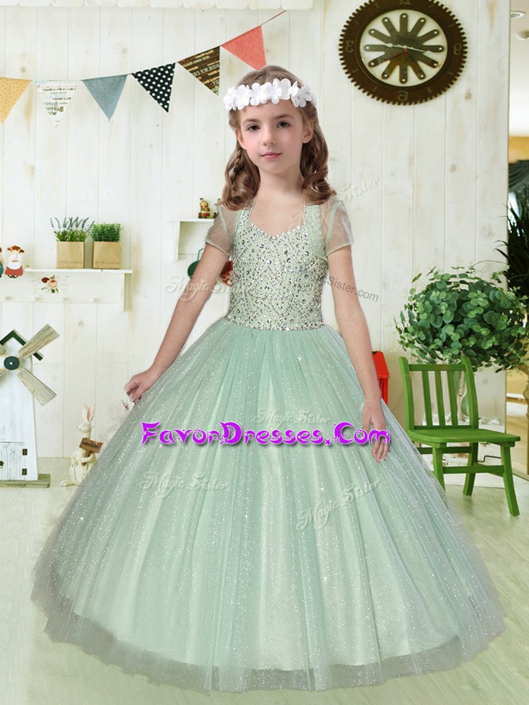  Apple Green Ball Gowns Beading Little Girl Pageant Dress Lace Up Tulle Sleeveless Floor Length