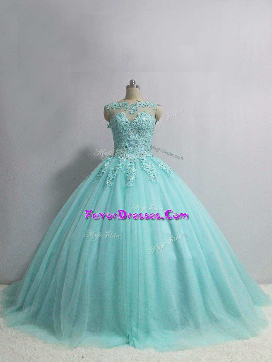  Sleeveless Floor Length Appliques Lace Up Sweet 16 Dress with Aqua Blue
