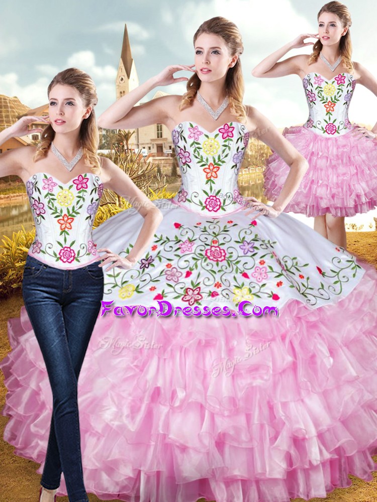  Floor Length Lace Up Sweet 16 Quinceanera Dress Rose Pink for Military Ball and Sweet 16 and Quinceanera with Embroidery and Ruffled Layers