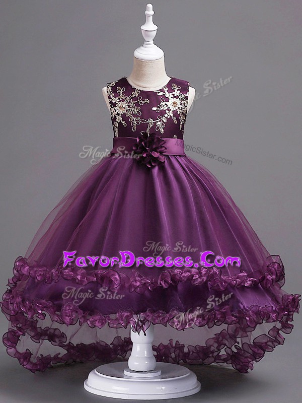  Tulle Sleeveless High Low Kids Pageant Dress and Appliques and Hand Made Flower