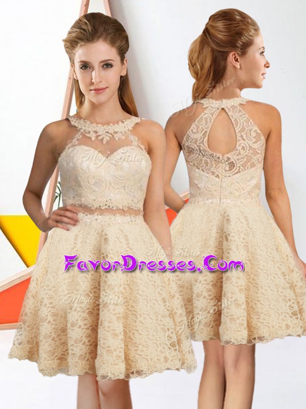Sweet Champagne Quinceanera Court of Honor Dress Prom and Party with Lace Halter Top Sleeveless Zipper