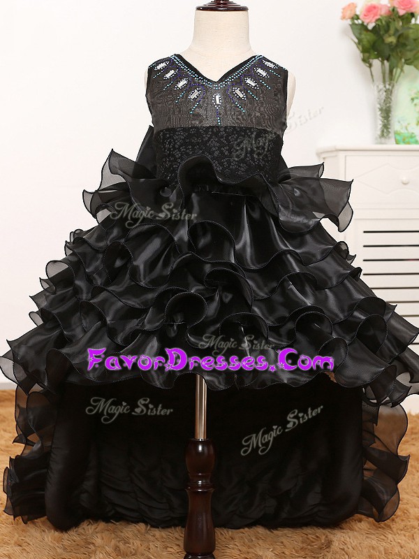  High Low Black Little Girls Pageant Dress Wholesale V-neck Sleeveless Zipper