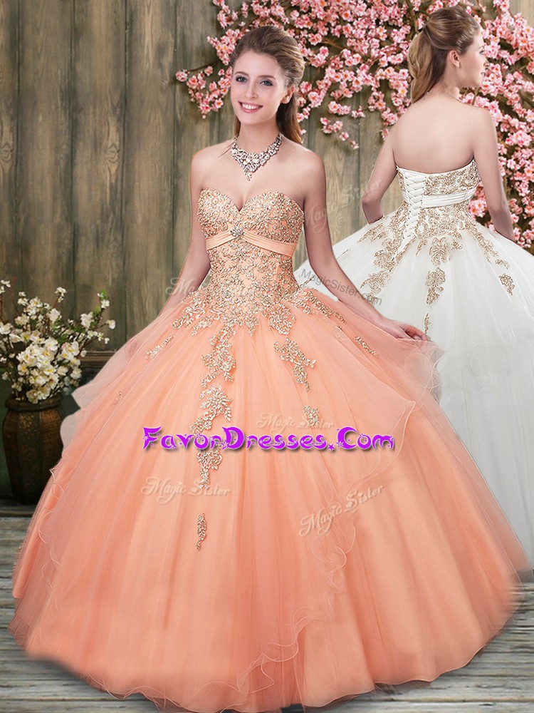 Dynamic Peach Tulle Lace Up Vestidos de Quinceanera Sleeveless Floor Length Beading and Ruffles
