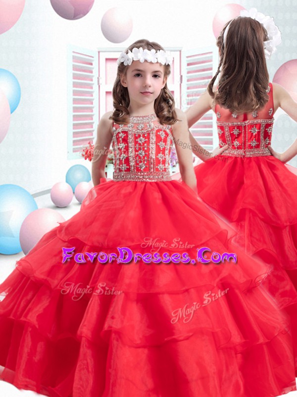  Sleeveless Floor Length Beading and Ruffled Layers Zipper Child Pageant Dress with Red