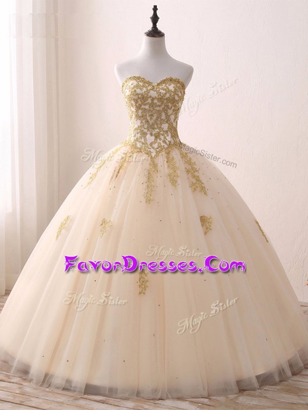  Beading and Lace and Appliques Vestidos de Quinceanera Champagne Lace Up Sleeveless Floor Length
