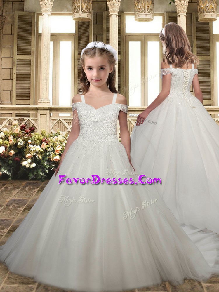 Most Popular Cap Sleeves Beading and Lace Lace Up Flower Girl Dresses for Less with White Sweep Train