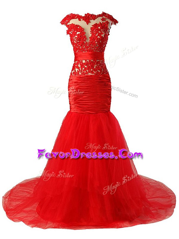  Red Cap Sleeves Tulle Brush Train Zipper Dress for Prom for Prom and Party and Military Ball