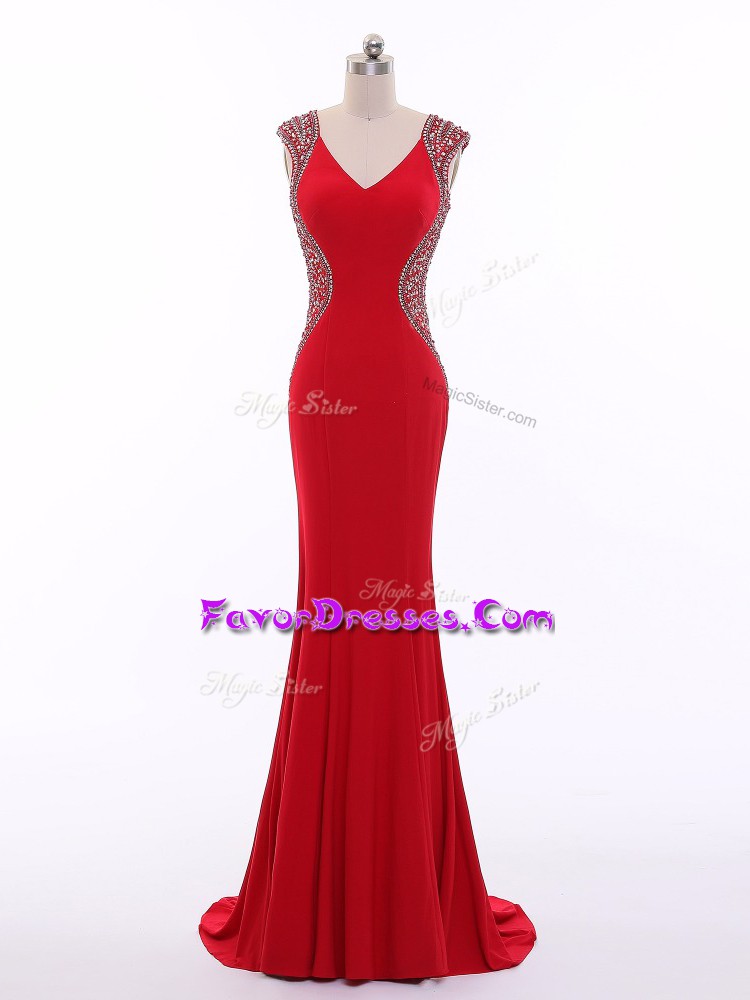 Fantastic Red Evening Dresses Prom and Military Ball with Beading V-neck Sleeveless Brush Train Zipper