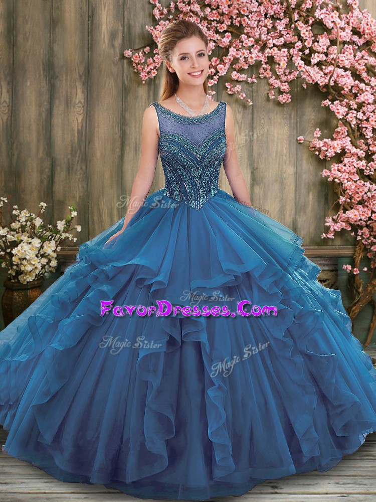  Teal Quinceanera Dresses Military Ball and Sweet 16 and Quinceanera with Beading and Ruffles Scoop Sleeveless Lace Up