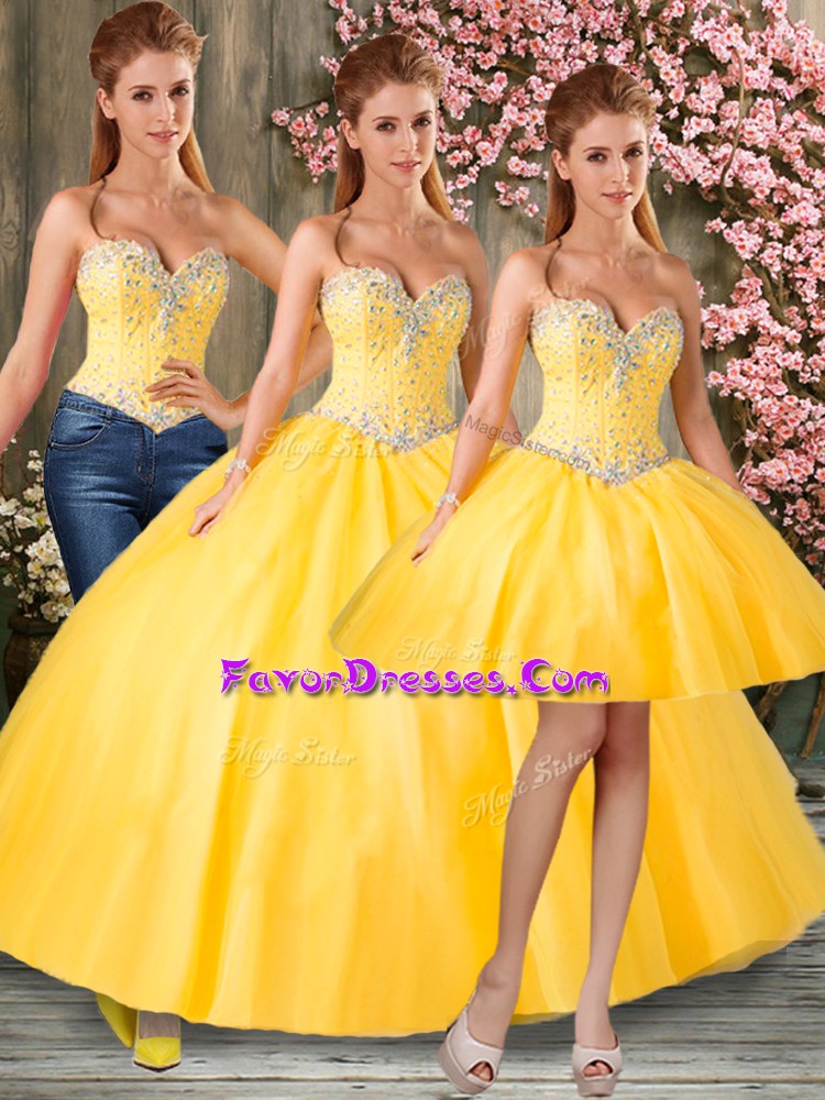  Gold Ball Gowns Beading Sweet 16 Dresses Lace Up Tulle Sleeveless Floor Length
