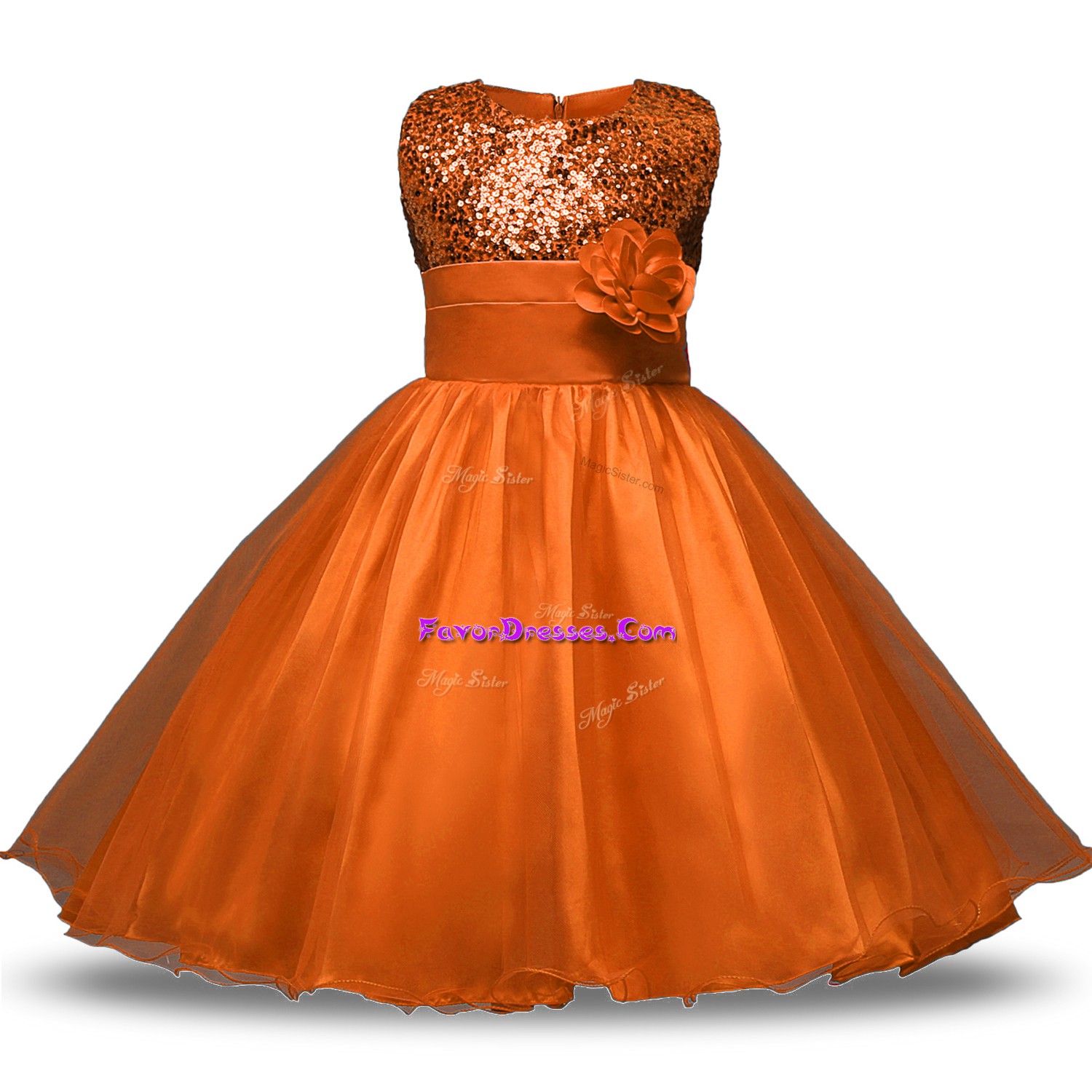  Knee Length Zipper Flower Girl Dresses for Less Rust Red for Military Ball and Sweet 16 and Quinceanera with Belt and Hand Made Flower