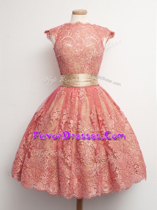 Clearance Watermelon Red Wedding Party Dress Prom and Party and Wedding Party with Belt High-neck Cap Sleeves Lace Up