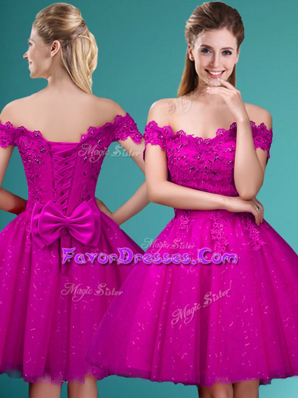 Enchanting Fuchsia Off The Shoulder Neckline Lace and Belt Wedding Party Dress Cap Sleeves Lace Up