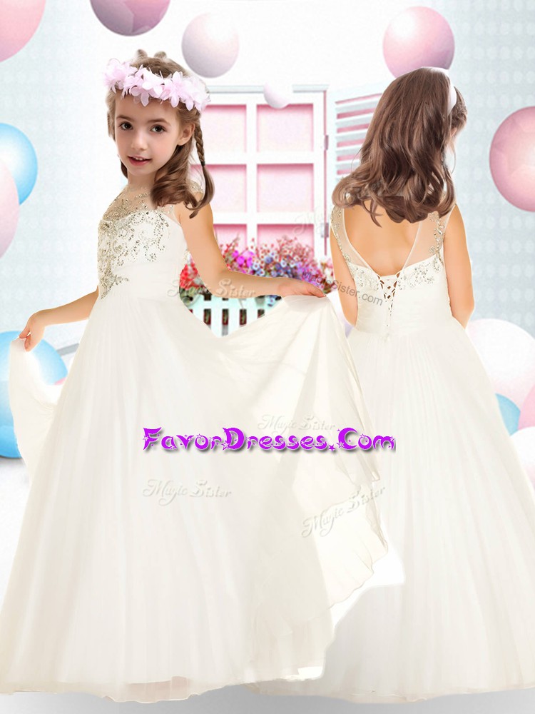 Delicate White Sleeveless Tulle Backless Flower Girl Dresses for Wedding Party