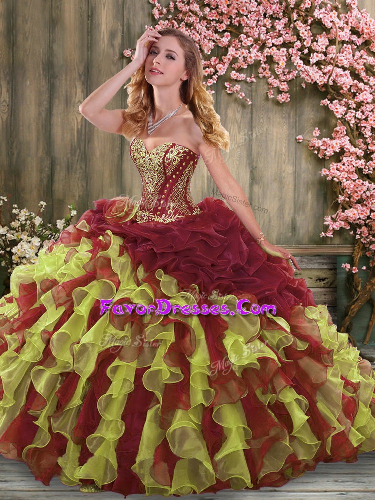 Fabulous Sweetheart Sleeveless Brush Train Lace Up Quinceanera Dress Multi-color Organza