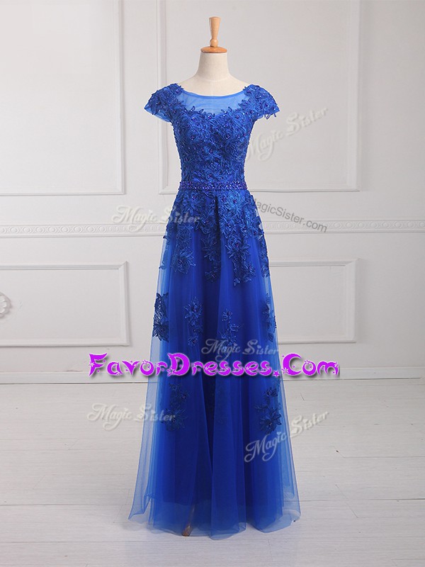  Tulle Short Sleeves Floor Length Celebrity Dresses and Beading and Lace and Appliques