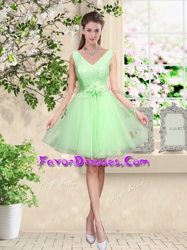 New Style Lace Up V-neck Lace and Belt Dama Dress for Quinceanera Tulle Sleeveless