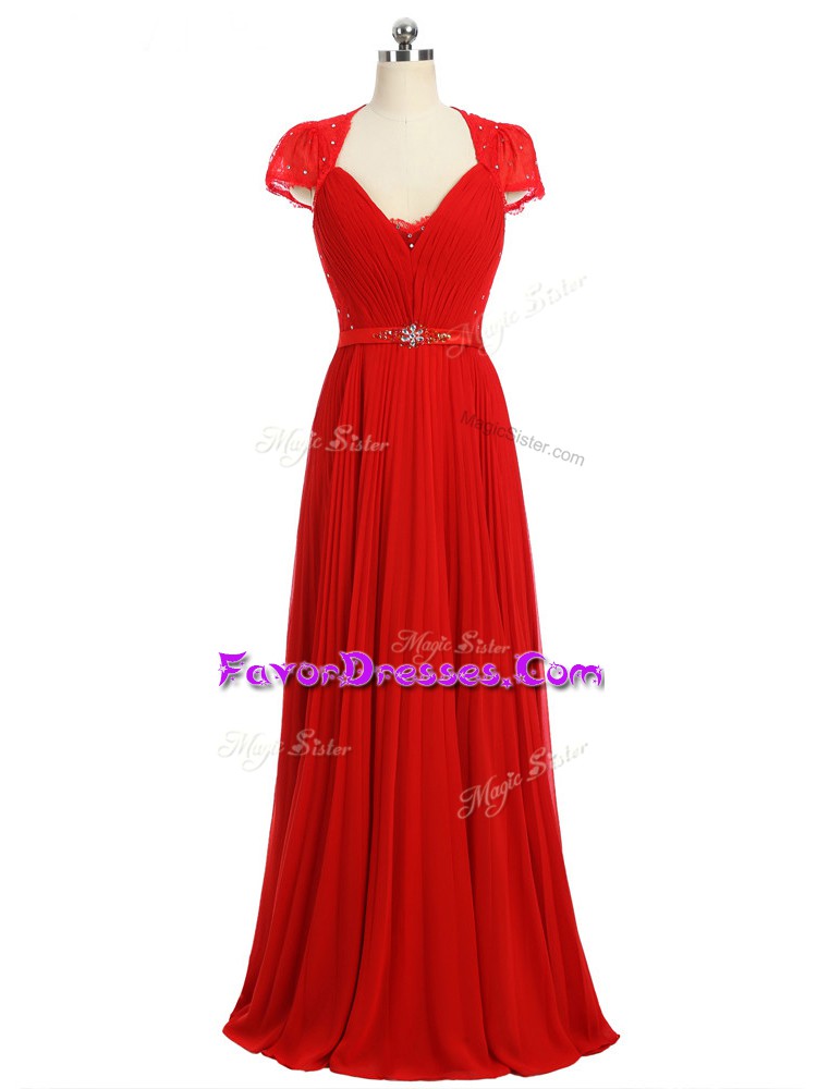 High End Chiffon Sweetheart Short Sleeves Zipper Beading and Ruching and Belt Celeb Inspired Gowns in Red