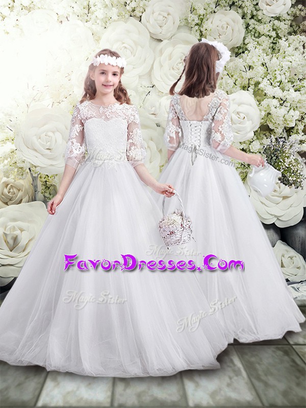  Scoop Half Sleeves Lace Up Flower Girl Dresses White Tulle