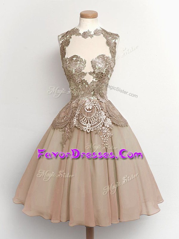 Trendy Brown A-line Chiffon High-neck Sleeveless Lace Knee Length Lace Up Quinceanera Dama Dress