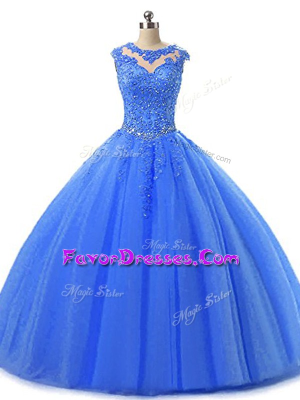  Floor Length Blue Quinceanera Gown Scoop Sleeveless Lace Up
