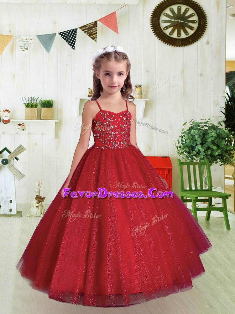 Perfect Floor Length Lace Up Kids Pageant Dress Wine Red for Party and Wedding Party with Beading