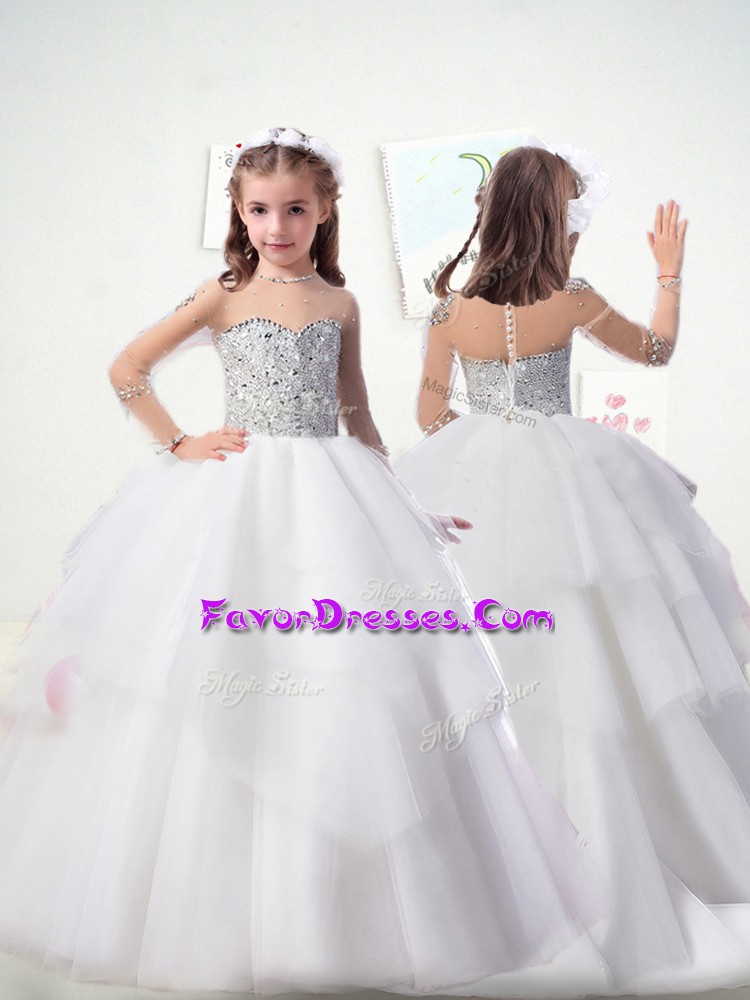 White Clasp Handle Toddler Flower Girl Dress Beading and Ruffles Long Sleeves Sweep Train