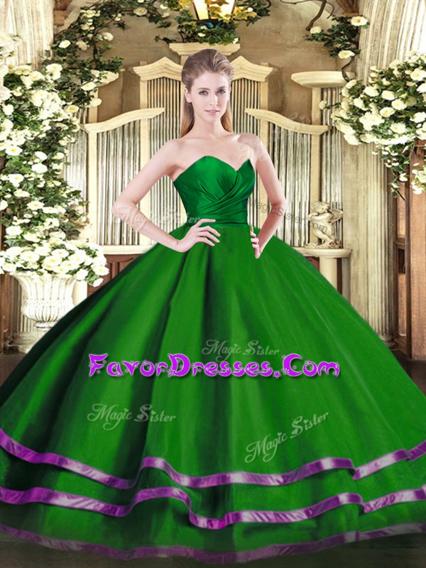  Floor Length Green Vestidos de Quinceanera Tulle Sleeveless Ruffled Layers