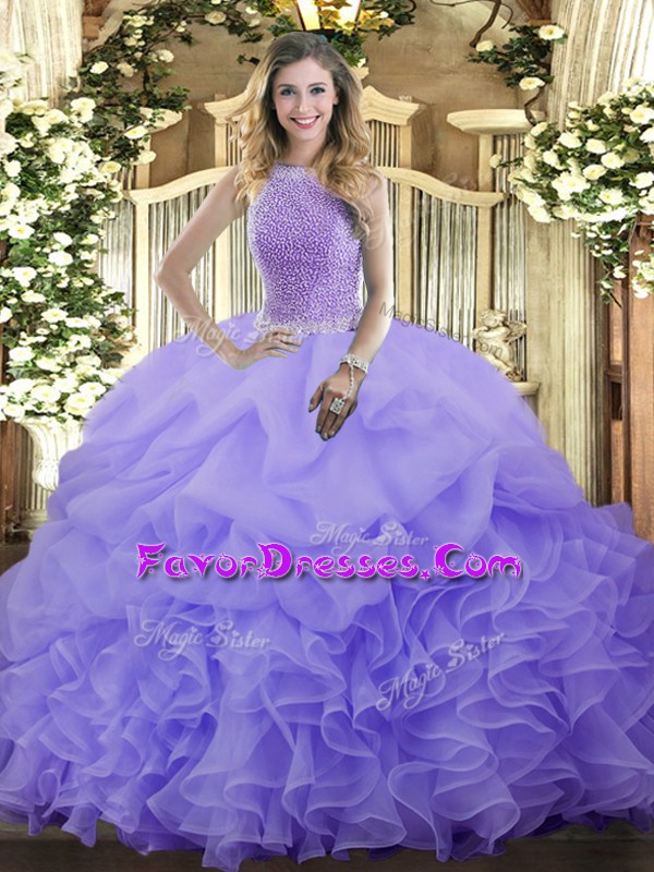 Smart Organza High-neck Sleeveless Lace Up Beading and Ruffles and Pick Ups Quinceanera Dresses in Lavender