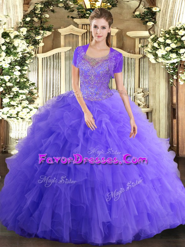 Perfect Scoop Sleeveless Tulle Vestidos de Quinceanera Beading and Ruffled Layers Clasp Handle