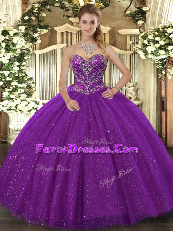  Beading Ball Gown Prom Dress Purple Lace Up Sleeveless Floor Length