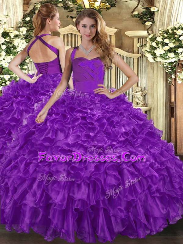  Purple Ball Gowns Organza Halter Top Sleeveless Ruffles Floor Length Lace Up Quince Ball Gowns