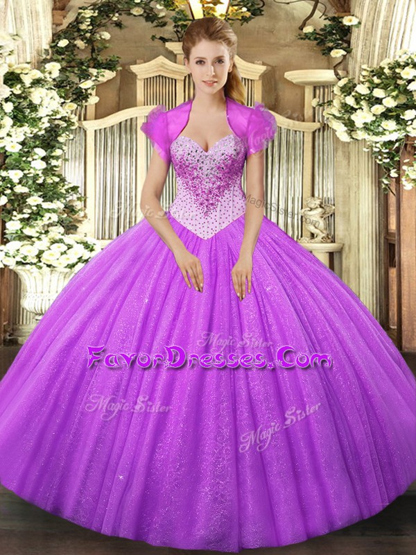  Floor Length Lace Up Vestidos de Quinceanera Lilac for Military Ball and Sweet 16 and Quinceanera with Beading