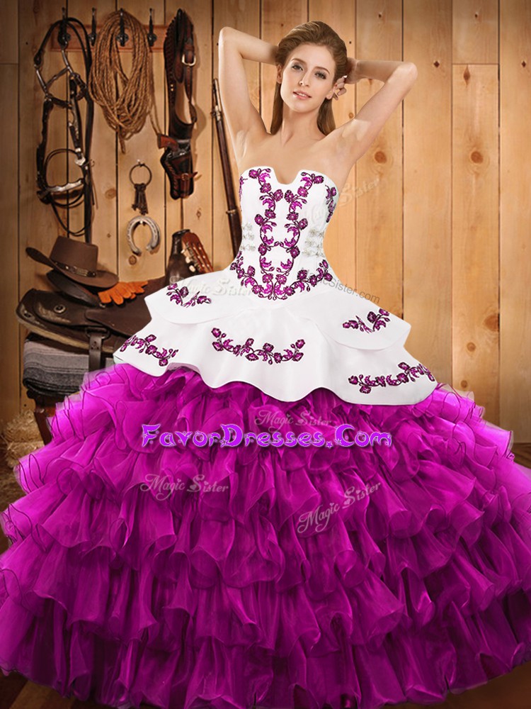  Sweetheart Sleeveless Lace Up 15th Birthday Dress Fuchsia Satin and Organza