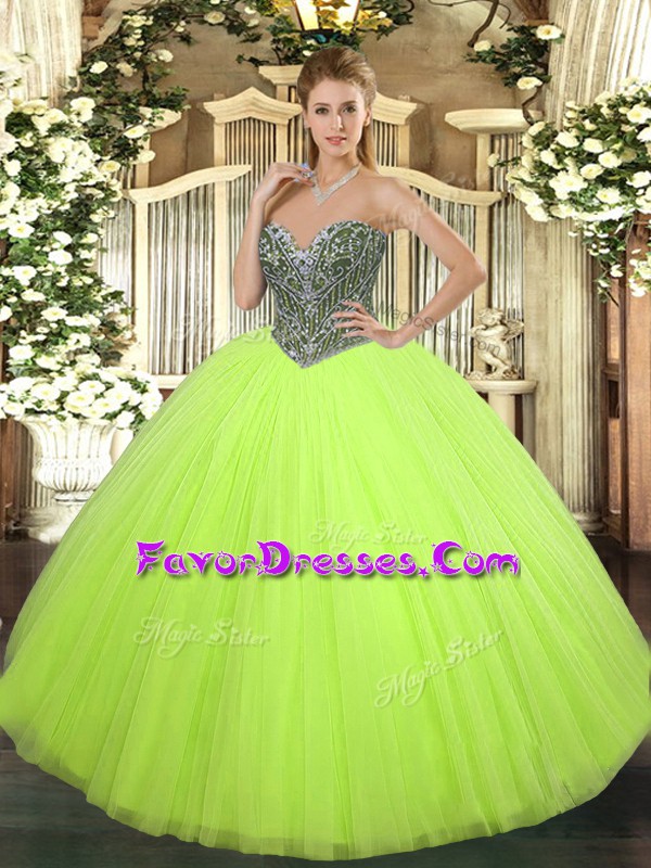  Tulle Sweetheart Sleeveless Lace Up Beading Quinceanera Gowns in Yellow Green
