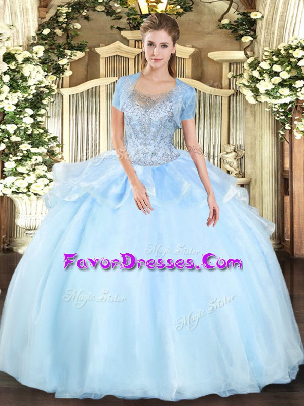  Floor Length Aqua Blue Sweet 16 Quinceanera Dress Organza and Tulle Sleeveless Beading