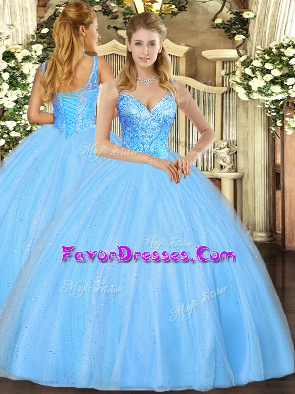  Aqua Blue Ball Gowns V-neck Sleeveless Tulle Floor Length Lace Up Beading Quinceanera Dress