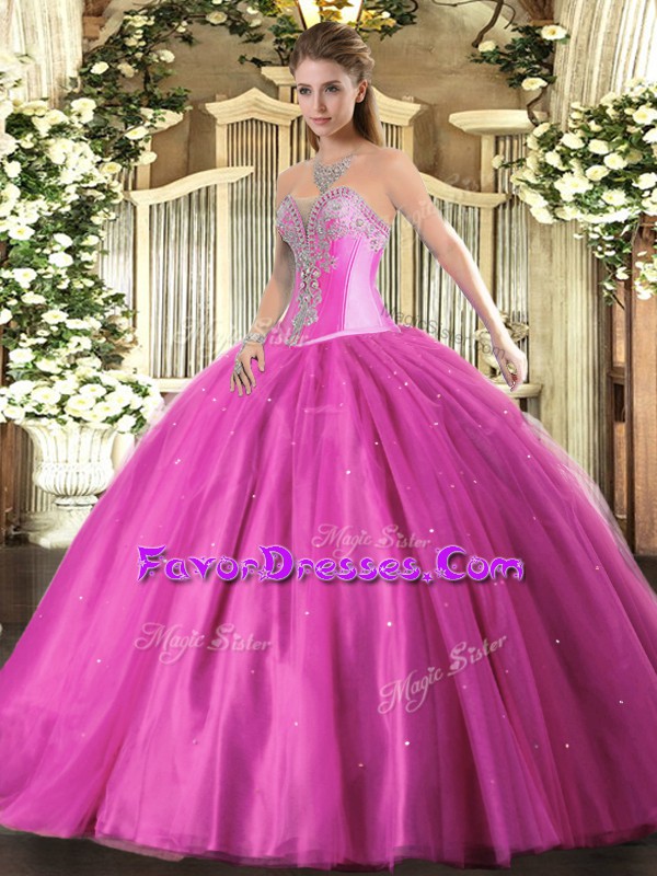  Fuchsia Ball Gowns Tulle Sweetheart Sleeveless Beading Floor Length Lace Up Quinceanera Gown